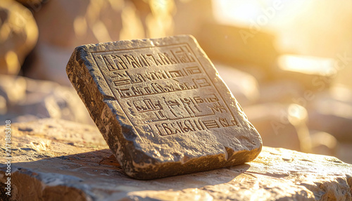 An ancient stone tablet with mysterious hieroglyphs glows in the warm golden sunset light at a lost historic archaeological site, evoking wonder and discovery nobody is present.