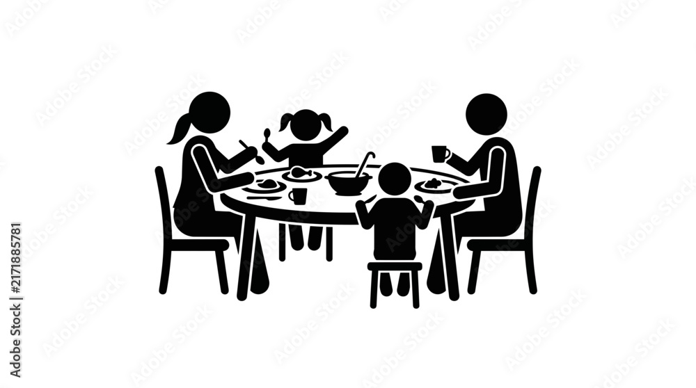 Fototapeta premium Family sitting together enjoying dinner at dining table silhouette.