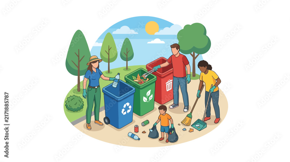 Fototapeta premium Family sorting waste into colorful recycling bins outdoors.