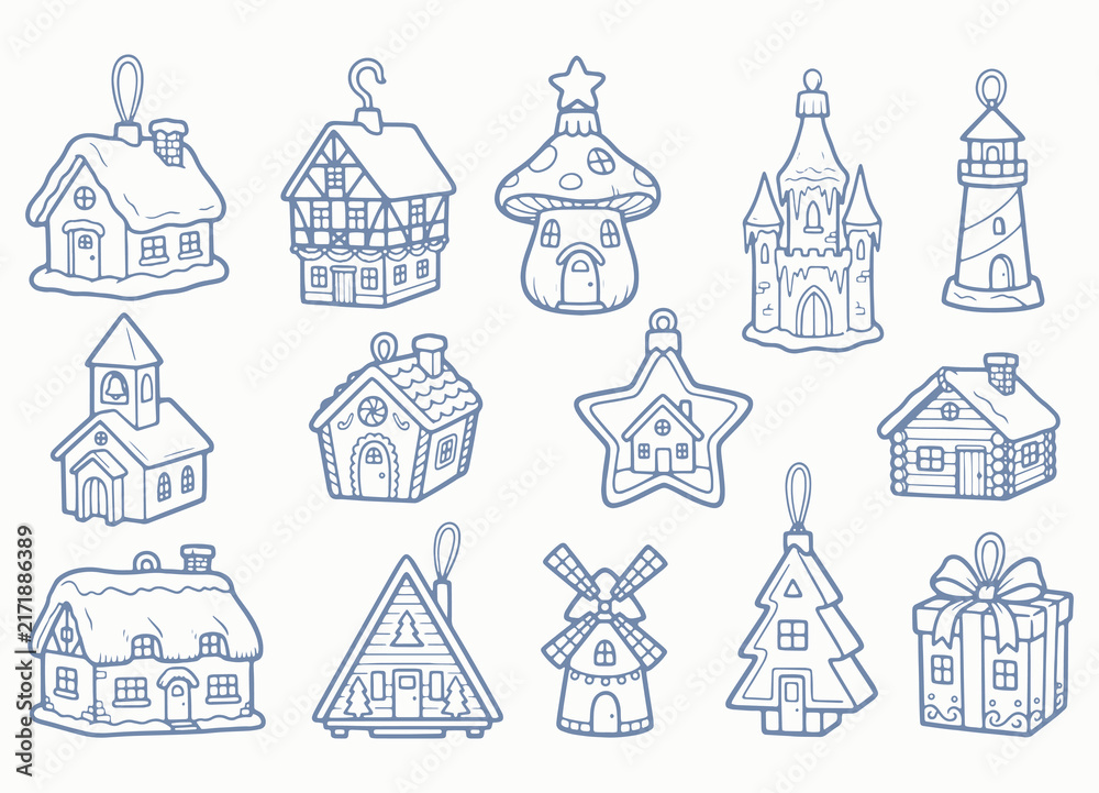 Obraz premium whimsical christmas village houses and buildings hand drawn ornament collection
