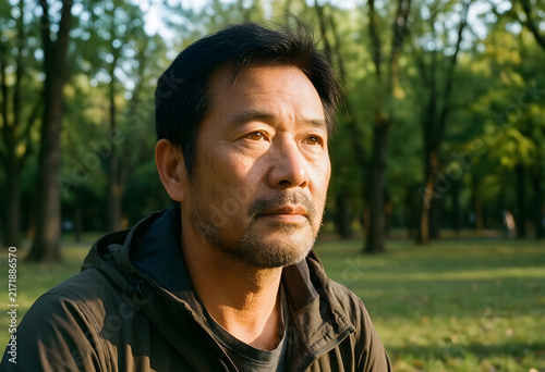 Mindfulness and mental health, mature asian man reflecting in a park during golden hour with calm expression and natural sunlight for wellness lifestyle
