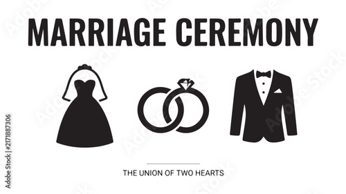 Wedding ceremony icons showing a bridal dress ring set and groom tuxedo suit in a simple flat black design style
