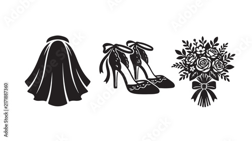 Black wedding icons featuring a bridal veil high heel shoes and a floral bouquet isolated on white background design
