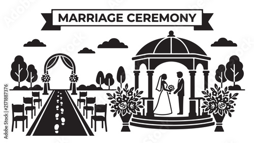 Minimalist wedding ceremony illustration featuring a bride and groom standing inside a decorative gazebo with outdoor aisle seating