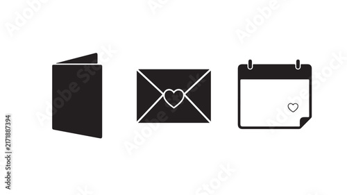 Minimalist black icon set featuring a greeting card envelope with heart and a calendar for special romantic event planning