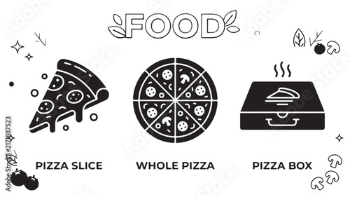 Set of black and white pizza icons featuring a delicious cheesy slice whole pie and cardboard delivery food box