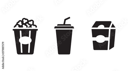 Set of fast food snack icons featuring popcorn soda and burger box silhouettes for cinema and movie theater dining designs