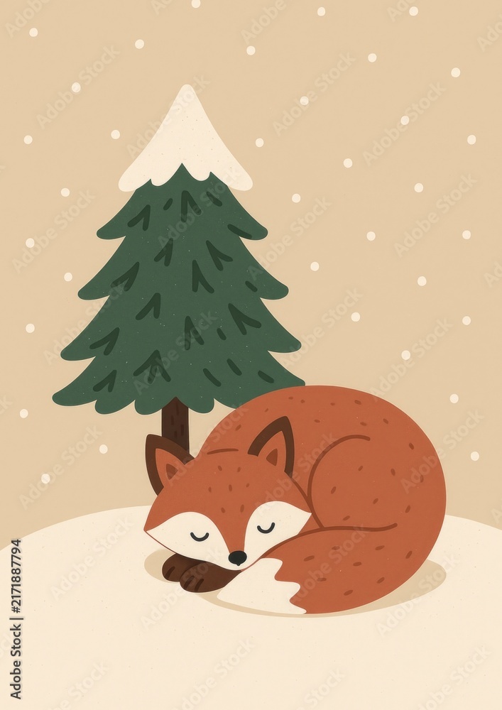 Fototapeta premium Cozy fox under snowy tree.