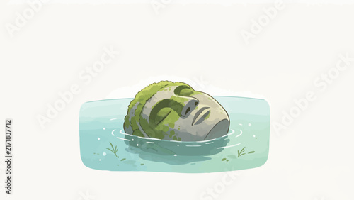 Mossy Stone Face Floating in Tranquil Water with Bubbles and Grass