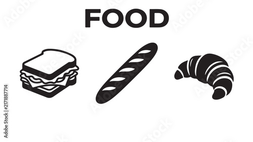 Bakery food icons set featuring a tasty sandwich baguette and buttery croissant in a clean black vector graphic style