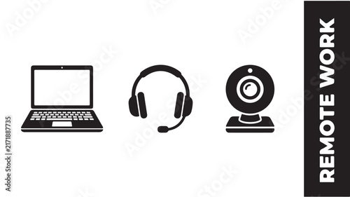 Black silhouette icons of laptop headset and webcam for remote work setup displayed in a minimalist professional vector design