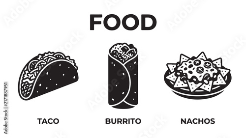 Set of black and white Mexican food icons featuring taco burrito and nachos in a clean minimalist vector style