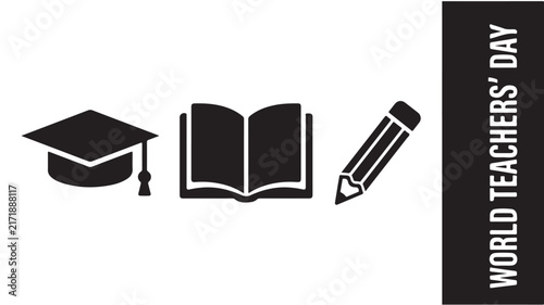 World Teachers Day icon set featuring graduation cap book and pencil isolated on white background for modern academic design