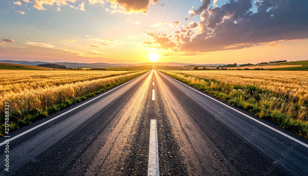 Fototapeta premium A scenic empty road stretches toward a glowing sunset through golden fields, evoking a sense of hope, freedom, and endless journey possibilities. Ideal for travel concepts. Nobody.