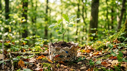 Sustainable oak sapling in recycled paper pot, young green tree growing in sunny forest, reforestation and ecology concept