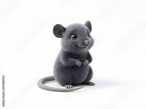 Cute anthropomorphic gray mouse character sitting on a white circular base with large expressive eyes and soft fur