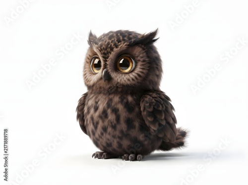 Adorable fluffy owlet with striking golden eyes perched calmly, showcasing intricate feather patterns and youthful innocence in soft light