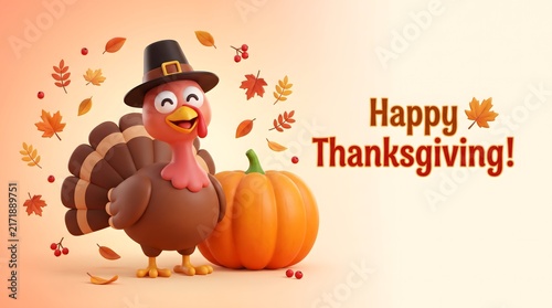 Happy thanksgiving greeting card design with funny cartoon turkey wearing pilgrim hat and pumpkin