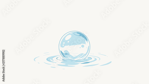 Minimalist digital illustration of a translucent blue water droplet resting on rippling surface with soft