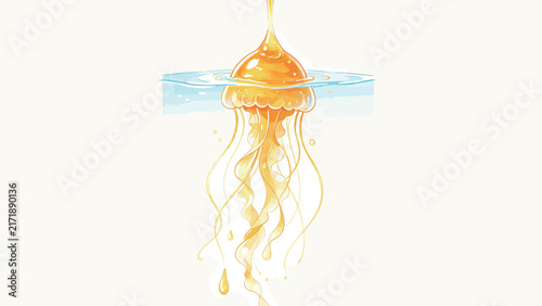 Golden honey jellyfish dripping into water, surreal liquid art style, vibrant yellow and blue tones