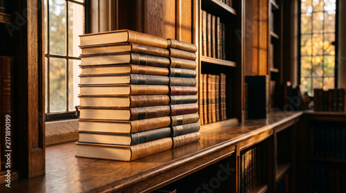 Fotografía Stack of leather bound law books on wooden desk in golden light