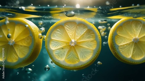 Lemon slice sinking in clear water with bubbles during studio lighting for beverage commercials