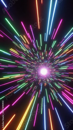 Abstract neon light tunnel zoom with vibrant glowing streaks during a futuristic journey