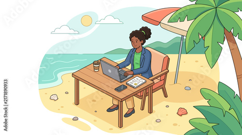 Freelance woman working at desk on tropical beach.