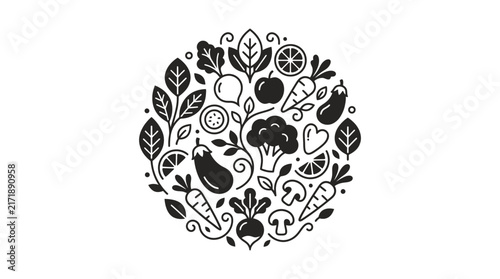 Fresh produce icons in a dense circular composition.