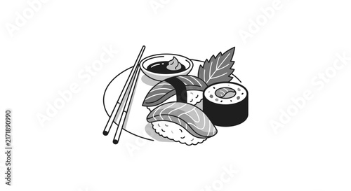 Fresh sushi plate with nigiri and maki rolls.