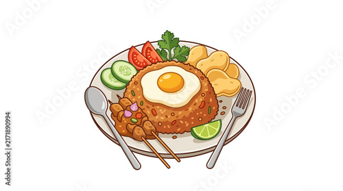 Fried rice meal with satay skewers and egg