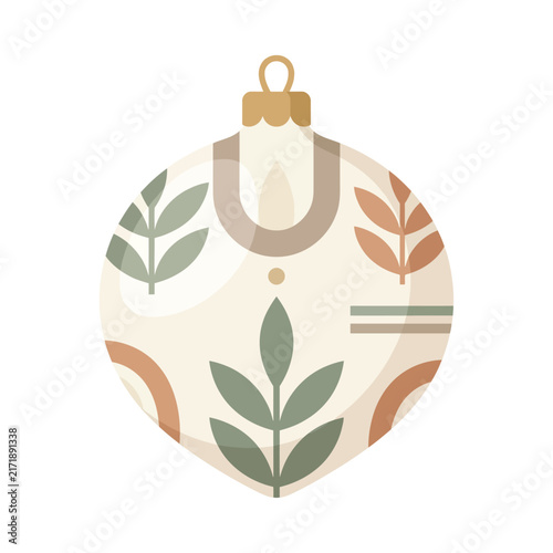 Christmas Day, Boho Christmas bauble vector, earthy botanical holiday ornament, minimalist winter festive decoration with leaf patterns isolated on White Background