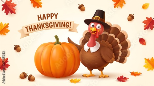 Happy thanksgiving greeting background with cute cartoon turkey pumpkin acorns autumn leaves