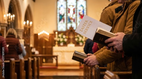 Easter Worship: Church congregation gathering for a traditional Easter service 