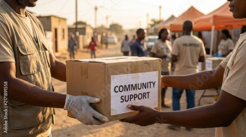 Social Assistance: Volunteer outreach team distributing essential supplies to a local community 