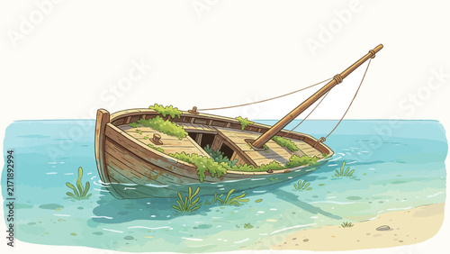 Abandoned wooden rowboat overgrown with green moss floating in shallow turquoise water near sandy beach