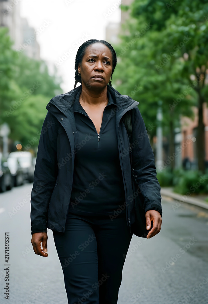 Fototapeta premium Mental health and burnout, tired middle aged woman walking alone on city street with serious expression and emotional exhaustion in urban environment