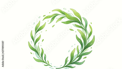 Vibrant Green Leafy Wreath with Dynamic Flowing Leaves and Water Droplets on White Background