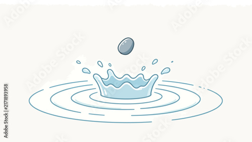 Minimalist vector illustration of a water droplet splashing into calm blue water with crown splash and