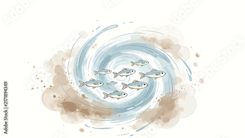 Watercolor illustration of a school of silver fish swimming in a swirling vortex with sand particles and blue
