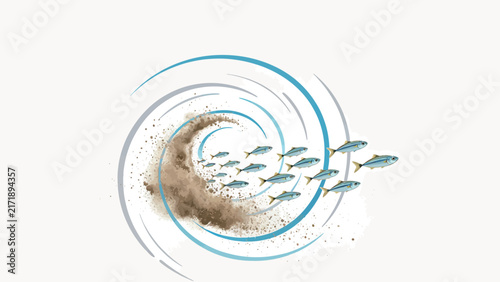 School of Blue Fish Swimming Through Dynamic Spiral Dust and Water Currents