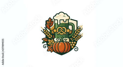 Glass beer mug inside a pumpkin with autumn leaves.