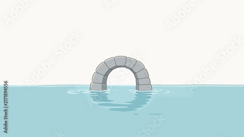 Minimalist Stone Arch Half-Submerged in Calm Blue Water with Reflections
