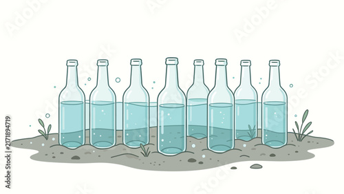 A row of clear glass bottles filled with water standing on sandy ground surrounded by small plants and