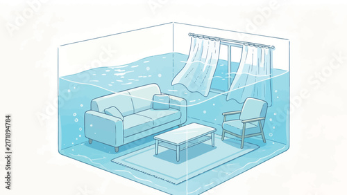 Surreal flooded living room interior with submerged furniture and floating curtains