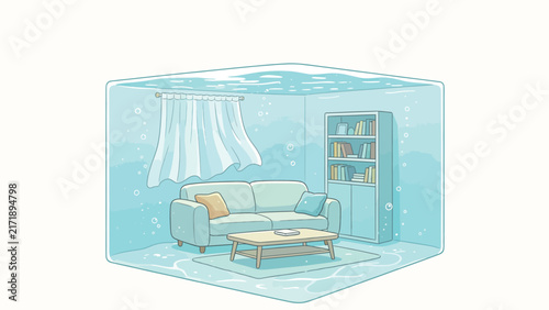 Surreal underwater living room scene featuring a cozy sofa, coffee table, and bookshelf submerged in light