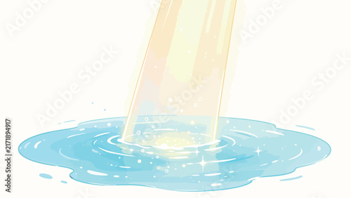 Magical golden beam of light striking a shimmering blue puddle with sparkling effects and ripples