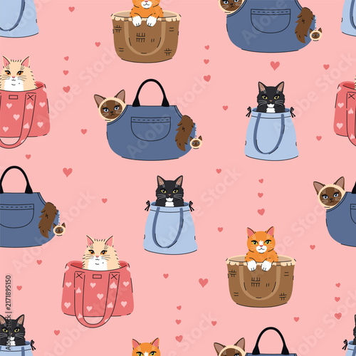 Cute cats in bags seamless pattern. Funny kittens sitting in purses, backpacks and baskets on pink background with hearts. Childish vector illustration for textile and wrapping paper.
