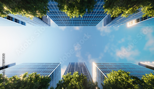 Super high resolution 3d render featuring modern glass skyscrapers, dramatic upward perspective, green architecture, blue sky, commercial real estate, property investment, corporate business.