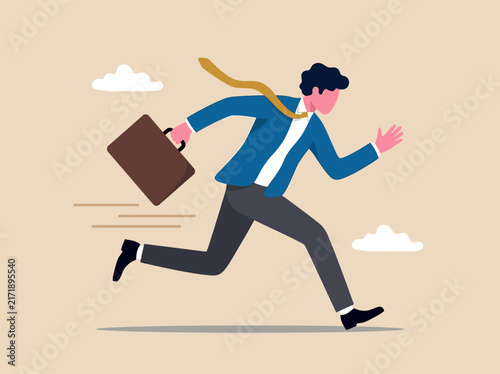 Фотография Businessman running fast with briefcase, depicting urgency, lateness, and corporate competition